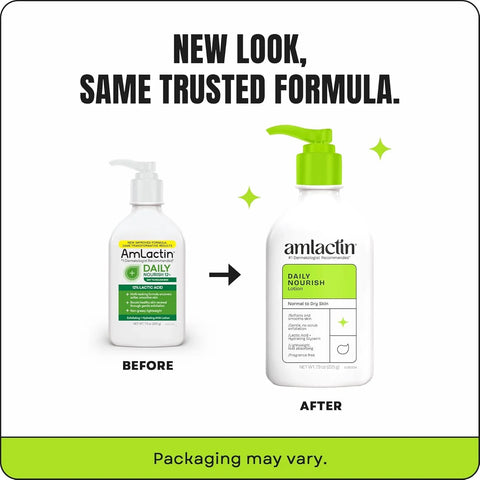AmLactin Daily Nourish Therapeutic Body Lotion for Dry Skin - No-Scrub Exfoliator and Moisturizer - AmLactin 12% Lactic Acid Lotion, 7.9 oz (Packaging May Vary)
