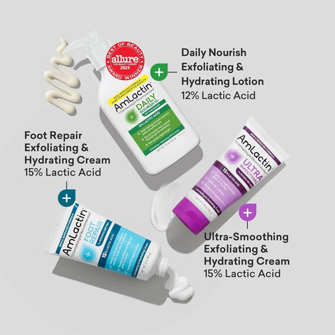AmLactin Award-Winning Essentials Skin Care Set - Daily Nourish 12% Lotion, Ultra Smoothing Cream, Foot Repair Cream & Moisturizing Socks - Lactic Acid Moisturizer Gift Set for Whole-Body Skin Renewal